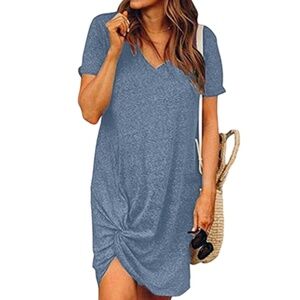Women's Summer Twist Knot Tshirt Dresses Casual V Neck Short Sleeve Knot